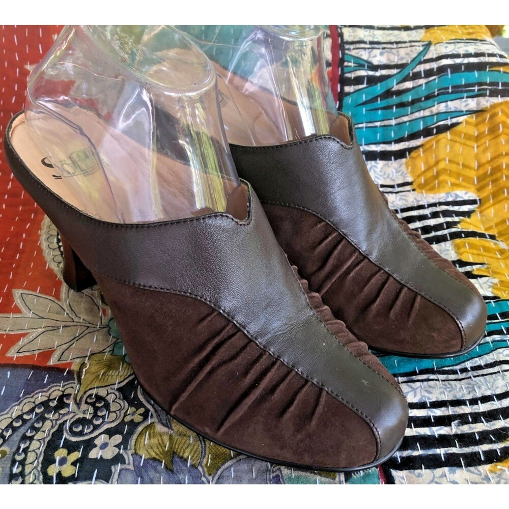 Sofft Women's Dark Brown Pleated Leather Heeled Mules Comfort Slip-On Clogs 7.5M